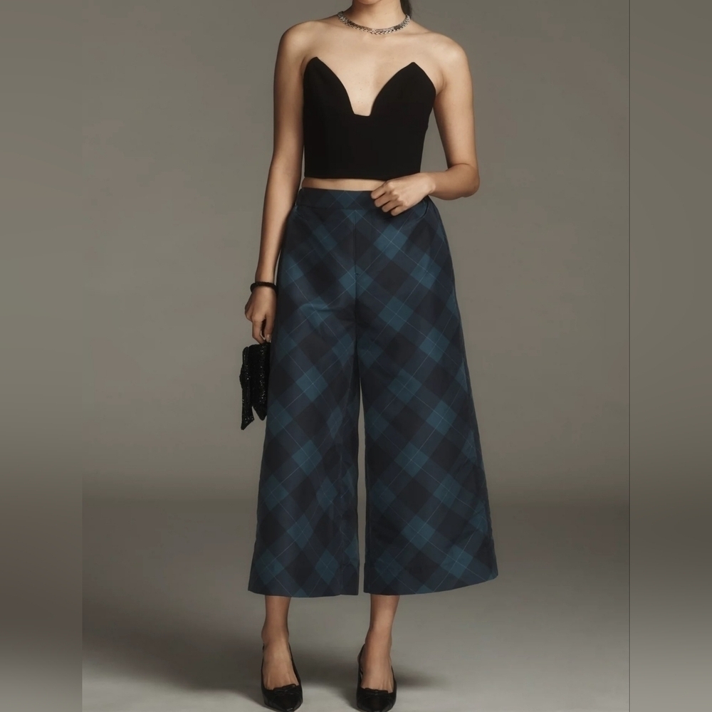 Maeve Anthropologie Women Taffeta Printed Cropped Wide-Leg Pants, Blue Motif, XS